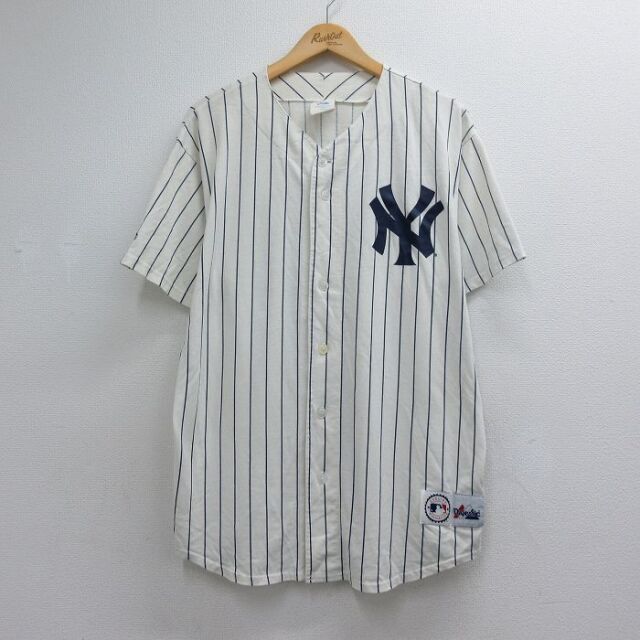 XL★古着 マジェスティック 半袖 ベースボール シャツ メンズ 90年代 90s MLB ニューヨークヤンキース USA製 ホワイト ストライプ メジャーリーグ ベースボール 野球【spe】 26jul10