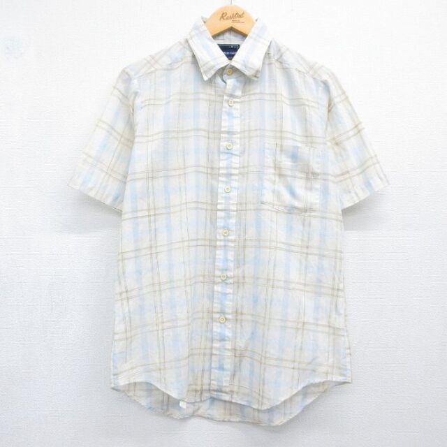 M★古着 半袖 シャツ メンズ 90年代 90s USA製 ベージュ チェック 26jul10