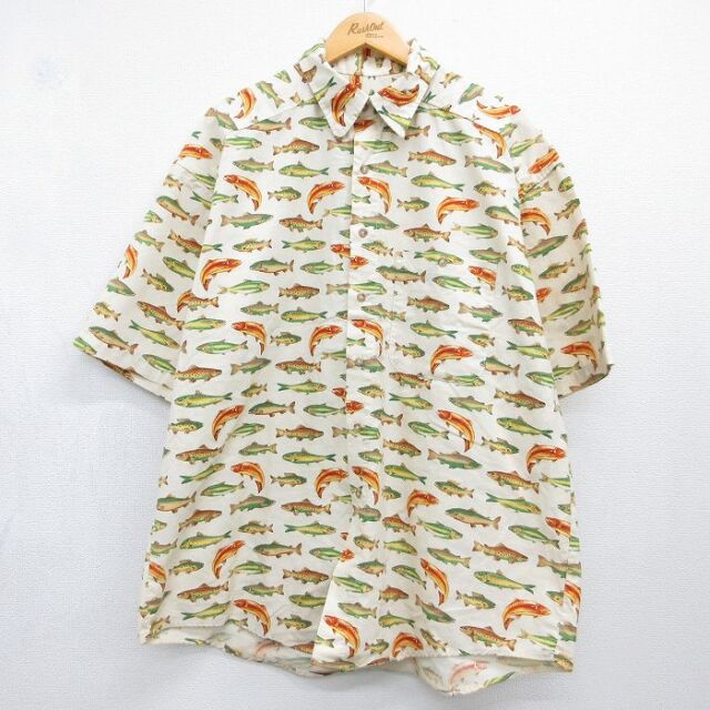 XL★古着 半袖 シャツ メンズ 90年代 90s 魚 大きいサイズ ロング丈 コットン USA製 ベージュ【spe】 26jul10