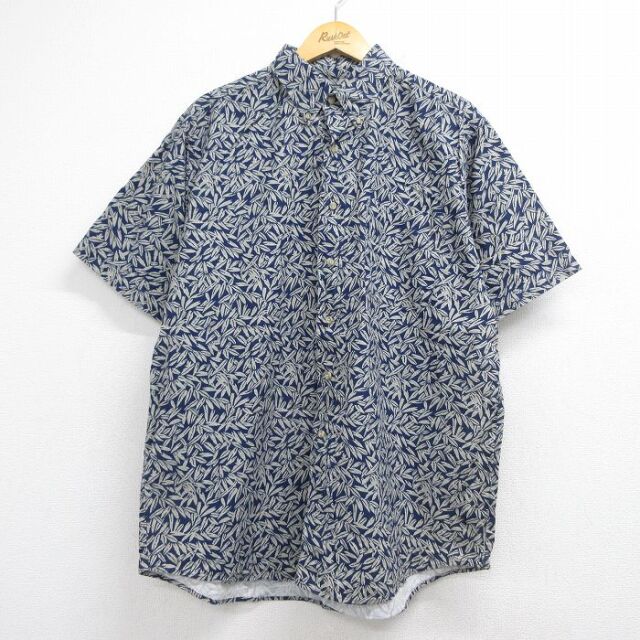 XL★古着 半袖 シャツ メンズ 90年代 90s 総柄 大きいサイズ コットン ボタンダウン ネイビー 26jul16
