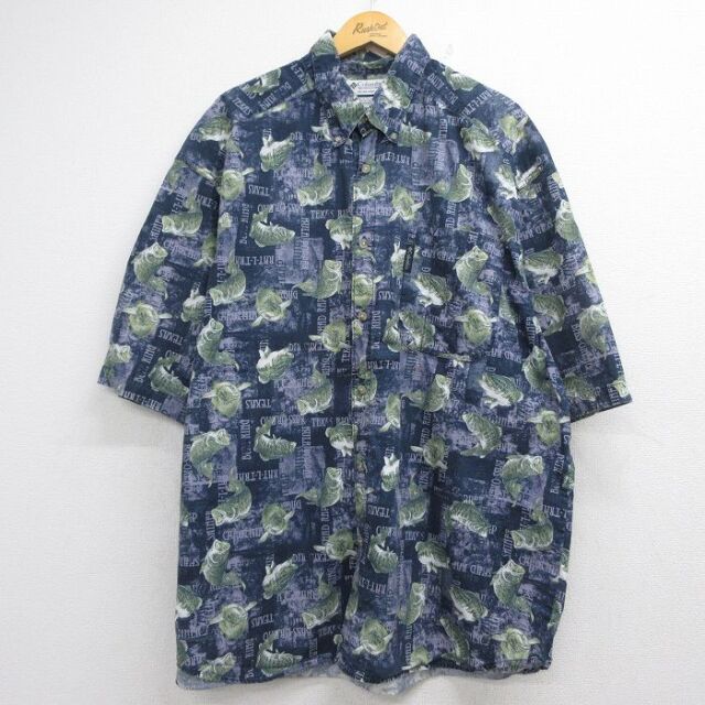 コロンビア 00s 半袖シャツ 魚 ネイビー メンズXL相当 | 古着