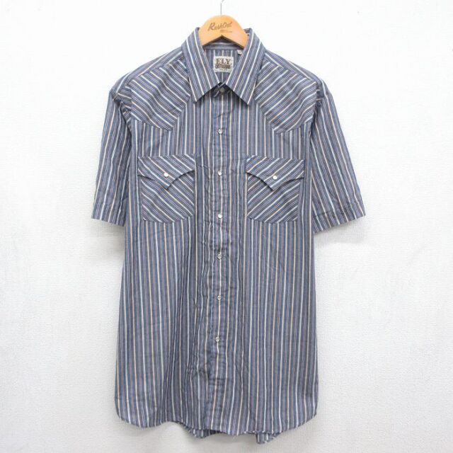 ELY 90s 半袖ウエスタンシャツ ネイビーストライプ メンズXL相当 | 古着