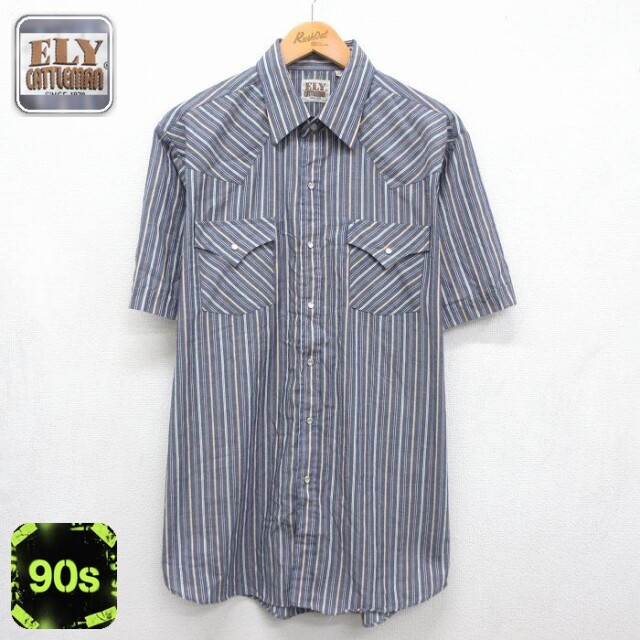 ELY 90s 半袖ウエスタンシャツ ネイビーストライプ メンズXL相当 | 古着