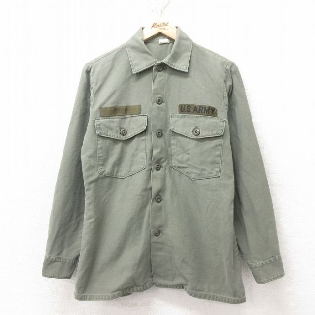 M★古着 長袖 ビンテージ ミリタリー シャツ メンズ 70年代 70s USアーミー OG-107 コットン USA製 緑 グリーン 25feb14 中古 トップス
