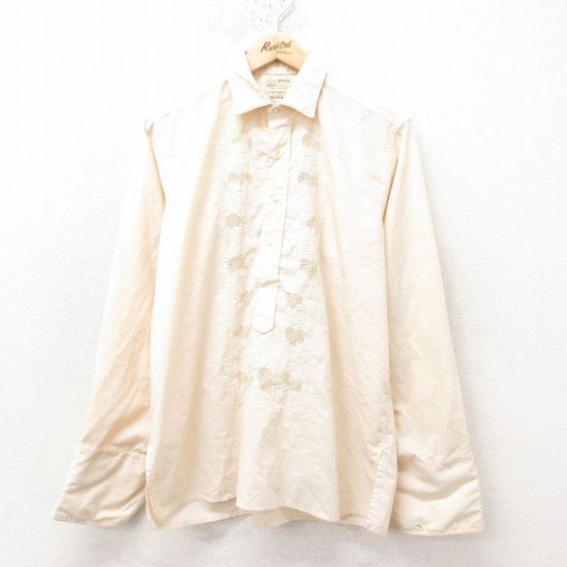 L★古着 長袖 ビンテージ キューバ シャツ メンズ 60年代 60s 花柄 刺繍 薄ベージュ カーキ カフスボタン仕様 25feb14 中古 トップス