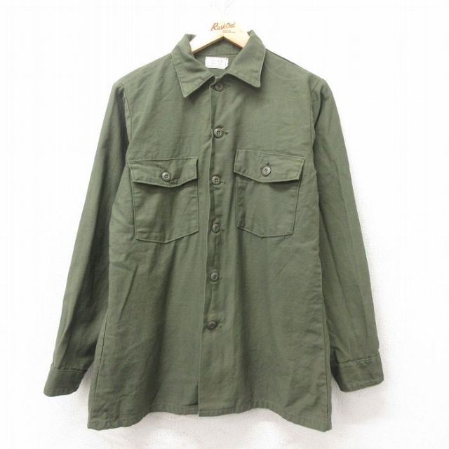 M★古着 長袖 ビンテージ ミリタリー シャツ メンズ 70年代 70s ユーティリティ OG-107 コットン USA製 緑 グリーン 【spe】 25feb14 中古 トップス