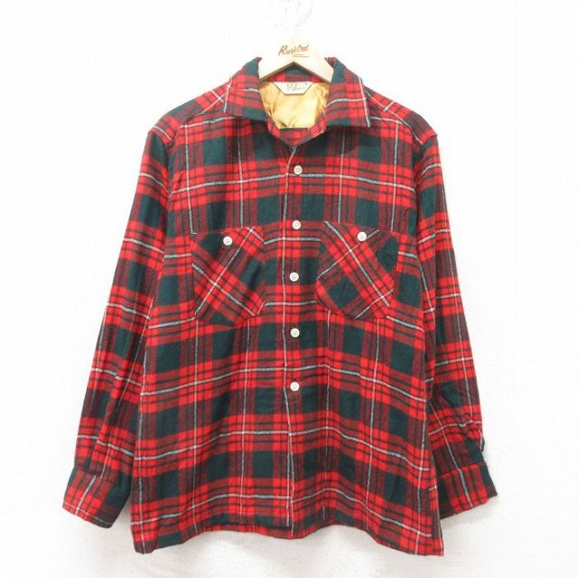 M★古着 長袖 ビンテージ シャツ メンズ 60年代 60s 開襟 オープンカラー 赤他 レッド チェック 25feb14 中古 トップス