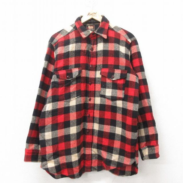 L★古着 ウールリッチ WOOLRICH 長袖 ビンテージ ウール シャツ メンズ 50年代 50s 赤 レッド チェック 25feb14 中古 トップス