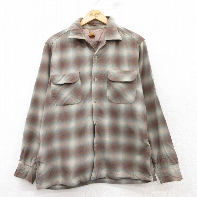 L★古着 ペンドルトン PENDLETON 長袖 ビンテージ シャツ メンズ 50年代 50s ウール 開襟 オープンカラー 茶他 ブラウン オンブレ チェック 【spe】 25feb15 中古 トップス