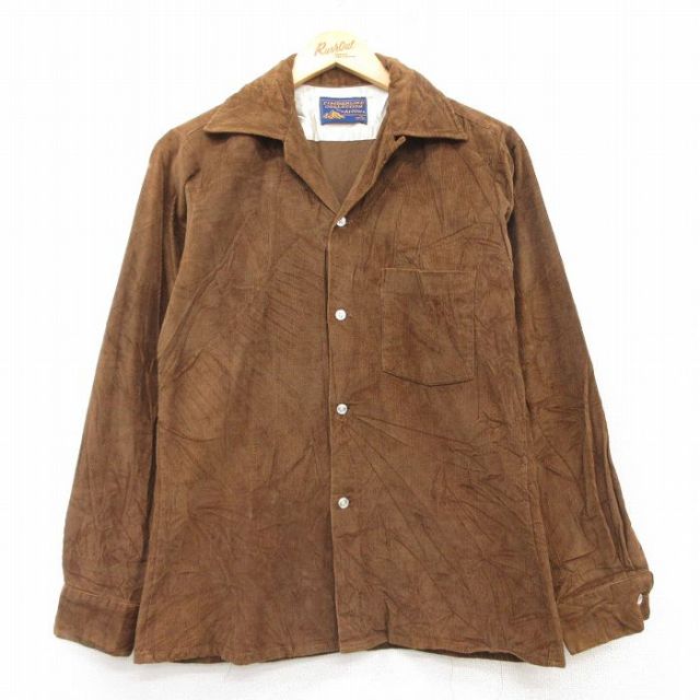 S★古着 アロー 長袖 ビンテージ シャツ メンズ 70年代 70s コーデュロイ コットン 開襟 オープンカラー 茶 ブラウン 25feb15 中古 トップス