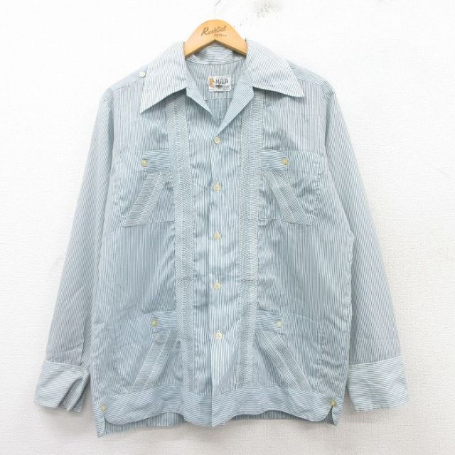 M★古着 長袖 ビンテージ シャツ メンズ 70年代 70s 薄紺 ネイビー ストライプ 25feb15 中古 トップス