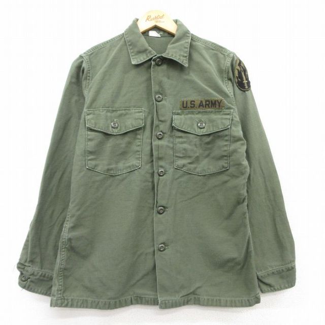 M★古着 長袖 ビンテージ ミリタリー シャツ メンズ 70年代 70s USアーミー コットン USA製 濃緑 グリーン 25feb15 中古 トップス