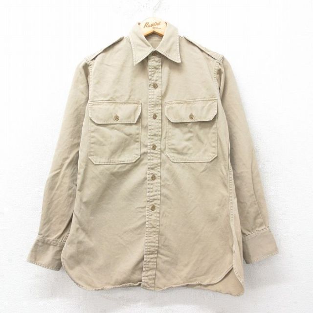 M★古着 長袖 ビンテージ ミリタリー シャツ メンズ 50年代 50s マチ付き コットン ベージュ カーキ 25mar25 中古 トップス