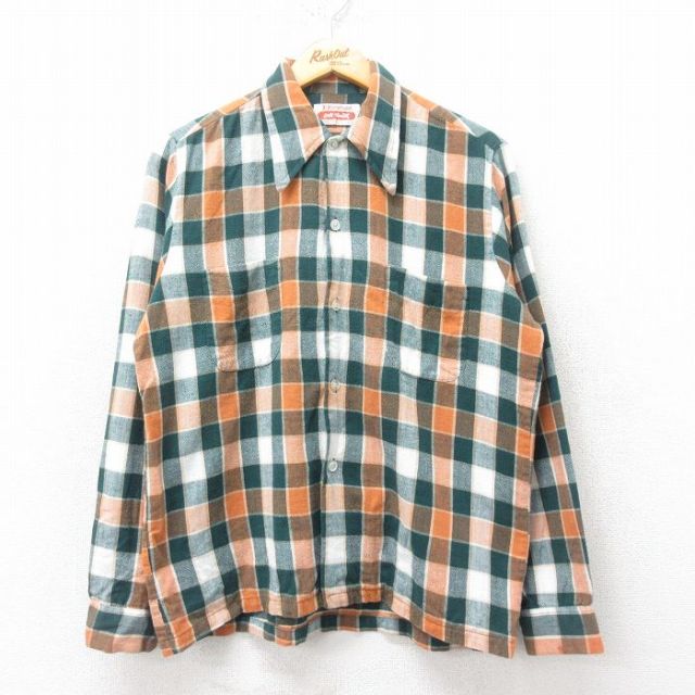 L★古着 長袖 ビンテージ フランネル シャツ メンズ 70年代 70s コットン 緑他 グリーン チェック 【spe】 25mar25 中古 トップス