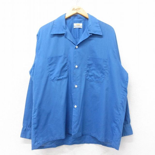 XL★古着 長袖 ビンテージ シャツ メンズ 70年代 70s 開襟 オープンカラー 青 ブルー 25mar25 中古 トップス
