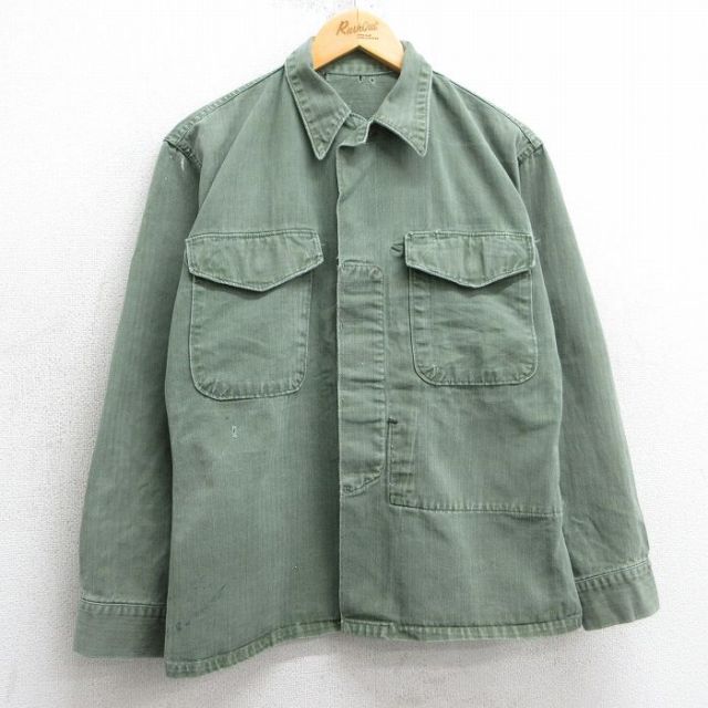 M★古着 長袖 ビンテージ ミリタリー シャツ メンズ 50年代 50s ヘリンボーン 濃緑 グリーン 【spe】 25apr01 中古 トップス
