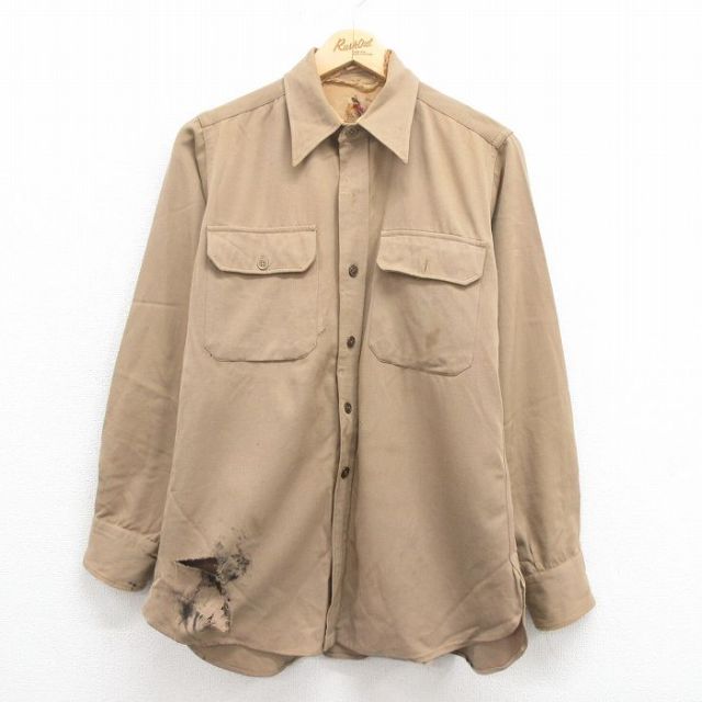 M★古着 長袖 ビンテージ ミリタリー ウール シャツ メンズ 50年代 50s マチ付き ベージュ カーキ 25aug04 中古 トップス