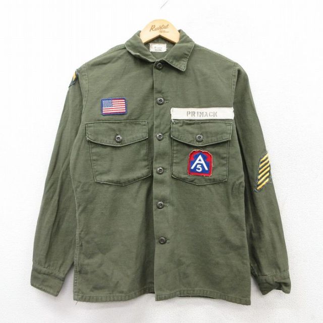 【50%OFF】M★古着 長袖 ビンテージ ミリタリー シャツ メンズ 70年代 70s STS ワッペン 濃緑 グリーン 25aug19 中古 トップス