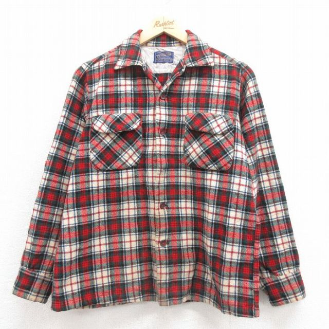 M★古着 ペンドルトン PENDLETON 長袖 ビンテージ ウール ボード シャツ メンズ 50年代 50s 開襟 オープンカラー 赤他 レッド タータン チェック 25oct02 中古 トップス