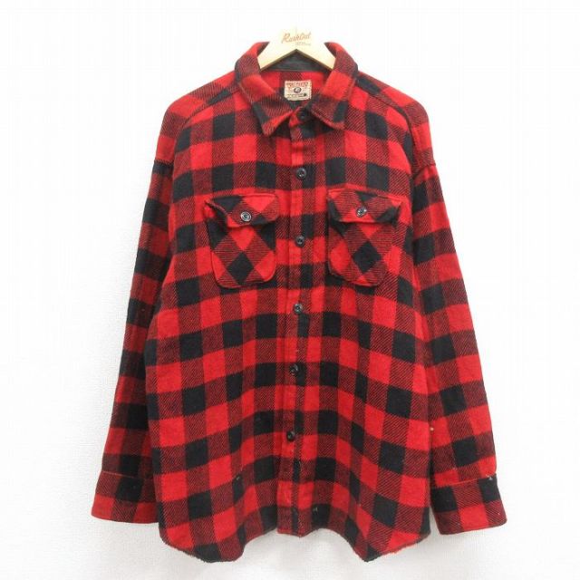 XL★古着 BLUE TOP 長袖 ビンテージ ウール シャツ メンズ 60年代 60s 大きいサイズ 赤 レッド バッファロー チェック 25oct18 中古 トップス