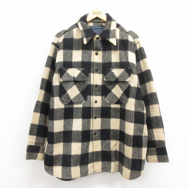 XL★古着 長袖 ビンテージ ウール シャツ メンズ 50年代 50s 大きいサイズ 黒 ブラック バッファロー チェック 【spe】 25oct18 中古 トップス