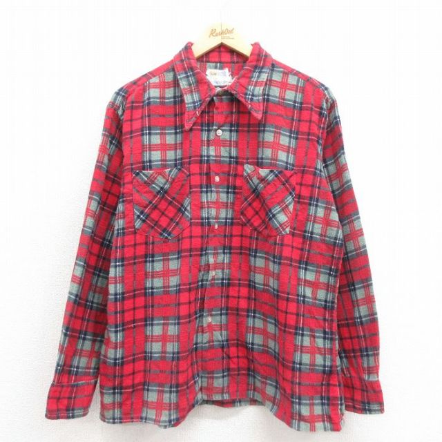 L★古着 長袖 ビンテージ フランネル シャツ メンズ 70年代 70s コットン 赤 レッド チェック 25oct18 中古 トップス