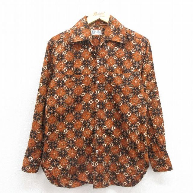 【20%OFF】S★古着 長袖 ビンテージ シャツ メンズ 70年代 70s 花柄 茶 25nov12