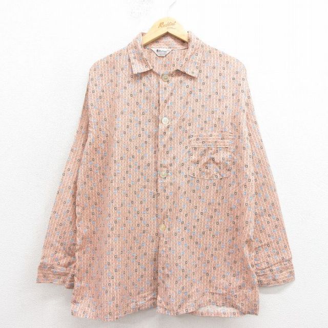 【20%OFF】XL★古着 長袖 ビンテージ パジャマ シャツ メンズ 70年代 70s 総柄 USA製 薄ベージュ【spe】 25nov12