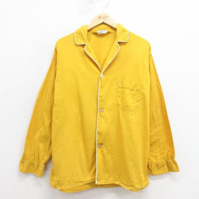 M★古着 長袖 ビンテージ パジャマ シャツ メンズ 70年代 70s コットン 開襟 オープンカラー 黄 25nov12
