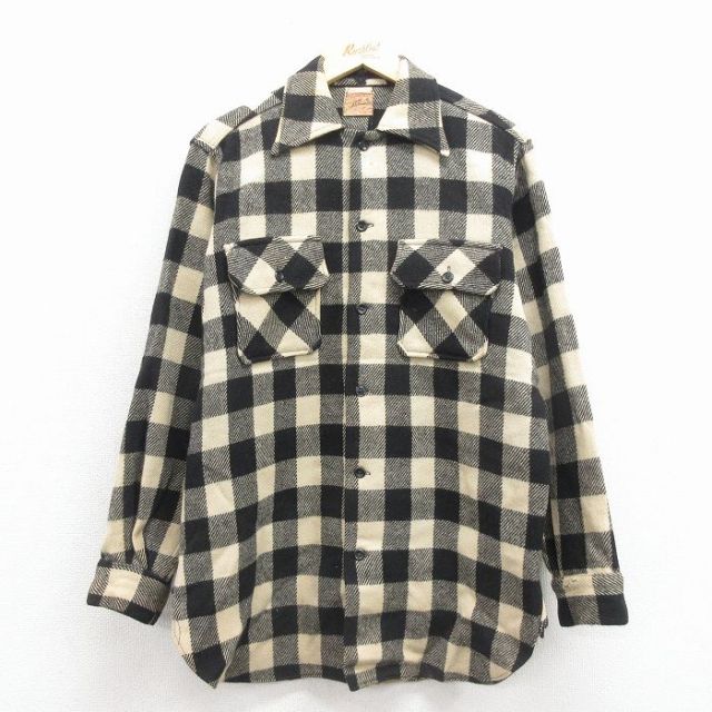 L★古着 長袖 ビンテージ ウール シャツ メンズ 50年代 50s マチ付き 黒 バッファロー チェック【spe】 25dec17