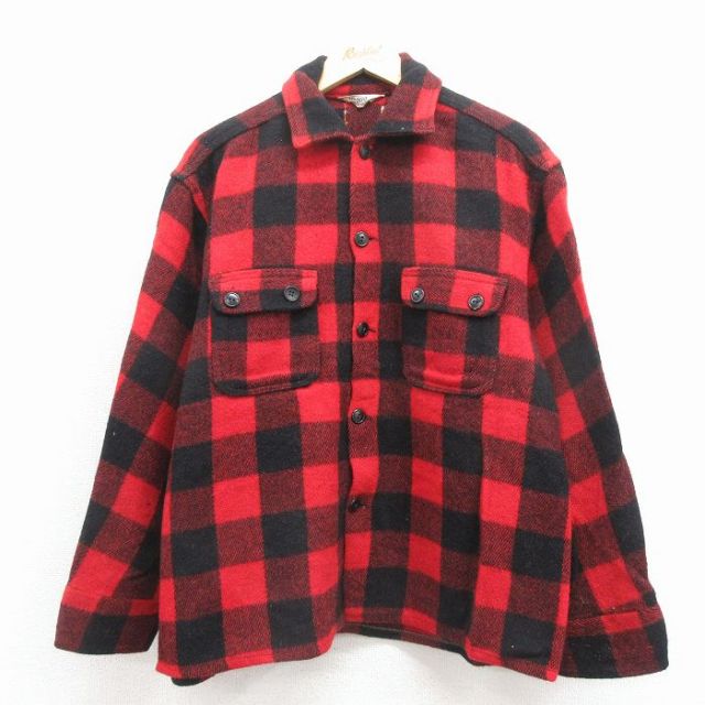 L★古着 長袖 ビンテージ シャツ メンズ 60年代 60s 赤 バッファロー チェック 25dec17