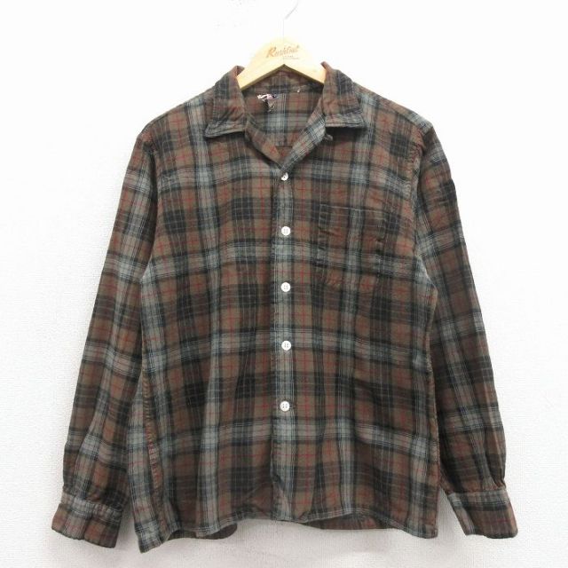 M★古着 長袖 ビンテージ ウール シャツ メンズ 60年代 60s 開襟 オープンカラー こげ茶 チェック【spe】 25dec17