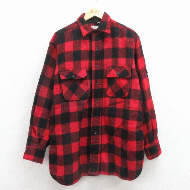 XL★古着 タウンクラフト ペニーズ 長袖 ビンテージ ウール シャツ メンズ 60年代 60s マチ付き 大きいサイズ ロング丈 赤 バッファロー チェック 25dec17