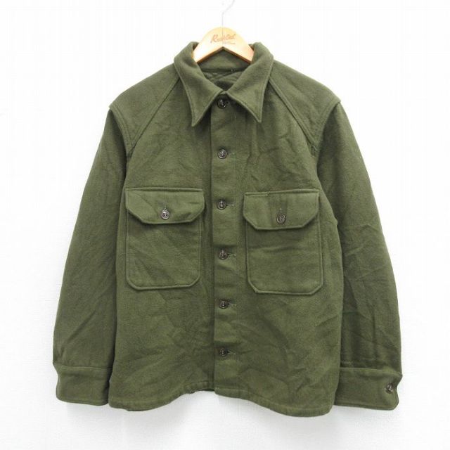 L★古着 長袖 ビンテージ シャツ メンズ 70年代 70s ウール 濃緑 25dec22