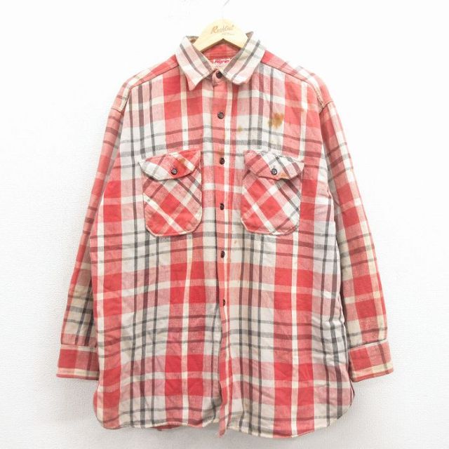 XL★古着 ピルグリム 長袖 ビンテージ ヘビー フランネル シャツ メンズ 60年代 60s マチ付き 薄赤他 チェック【spe】 26jan22