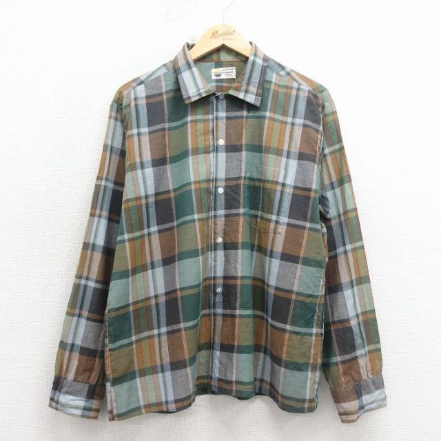 L★古着 長袖 ビンテージ シャツ メンズ 70年代 70s 緑他 チェック 26feb18