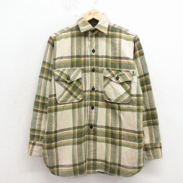 70s 長袖シャツ マチ付き グリーンチェック メンズM相当 | 古着