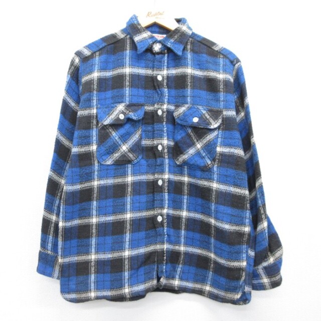 L★古着 WINTER KING ブルーチェ 長袖 ビンテージ シャツ メンズ 60年代 60s マチ付き フランネル コットン チェック【spe】 26aug27