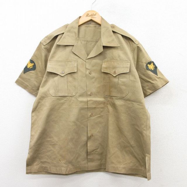 XL★古着 半袖 ビンテージ ミリタリー シャツ メンズ 50年代 50s コットン ベージュ カーキ 25may10 中古 トップス