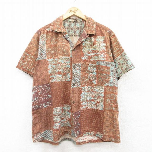 XL★古着 半袖 ビンテージ ハワイアン シャツ メンズ 60年代 60s 総柄 開襟 オープンカラー ハワイ製 茶他 ブラウン 【spe】 25may10 中古 トップス
