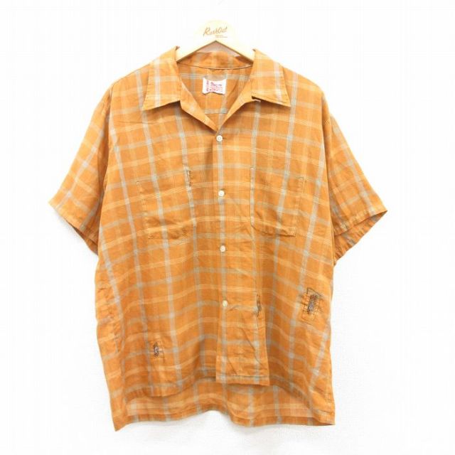 XL★古着 ペニーズ タウンクラフト 半袖 ビンテージ シャツ メンズ 70年代 70s 大きいサイズ 開襟 オープンカラー オレンジ他 チェック 25may10 中古 トップス