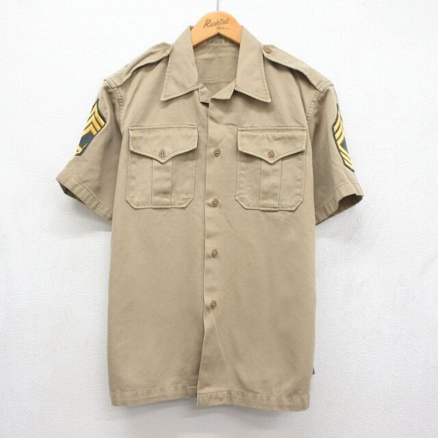 L★古着 半袖 ビンテージ ミリタリー シャツ メンズ 60年代 60s 開襟 オープンカラー USA製 ベージュ【spe】 26jul15