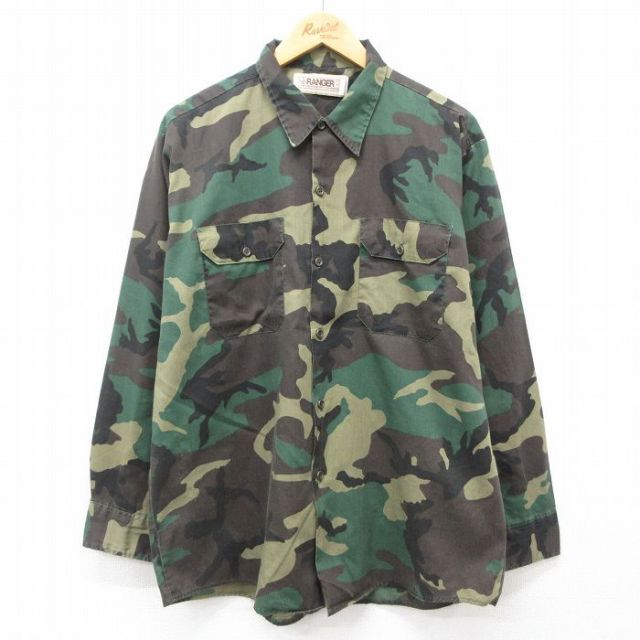 XL★古着 長袖 ハンティング シャツ メンズ 90年代 90s ウッドランドカモ USA製 緑他 グリーン 迷彩 25jan06 中古 トップス