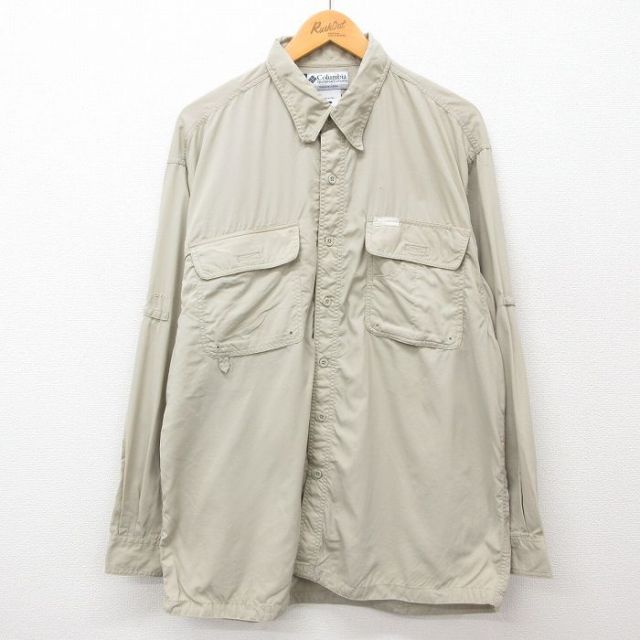 L★古着 コロンビア COLUMBIA 長袖 フィッシング シャツ メンズ 00年代 00s リップストップ ナイロン ベージュ カーキ 内側メッシュ 25jan16 中古 トップス