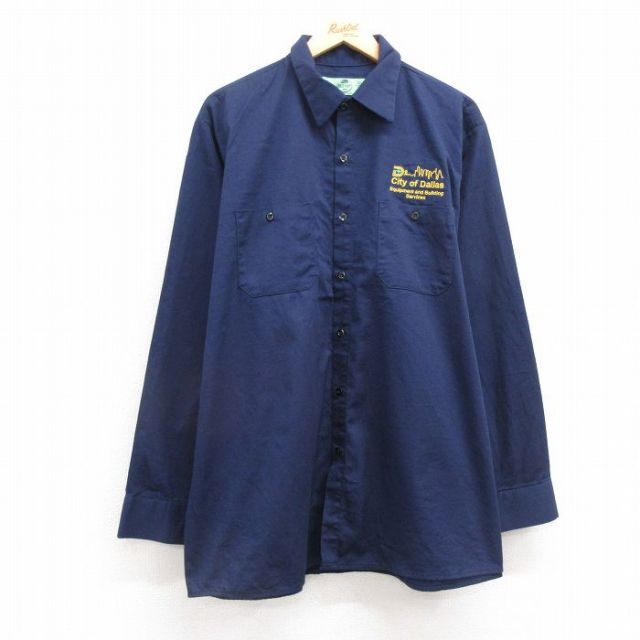 XL★古着 レッドキャップ 長袖 ワーク シャツ メンズ City of Dallas 大きいサイズ ロング丈 コットン 紺 ネイビー 25feb07 中古 トップス