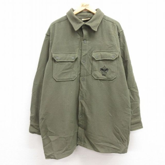 XL★古着 長袖 ボーイスカウト シャツ メンズ ヒジ当て 大きいサイズ ロング丈 ウール 緑系 グリーン 25feb07 中古 トップス