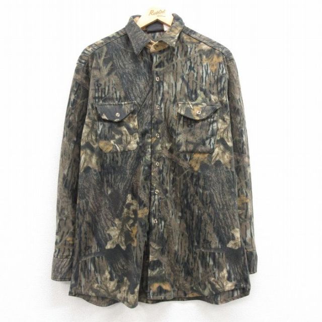 【20%OFF】L★古着 長袖 ハンティング フリース シャツ メンズ モッシーオーク ロング丈 茶他 ブラウン 迷彩 25feb07 中古 トップス