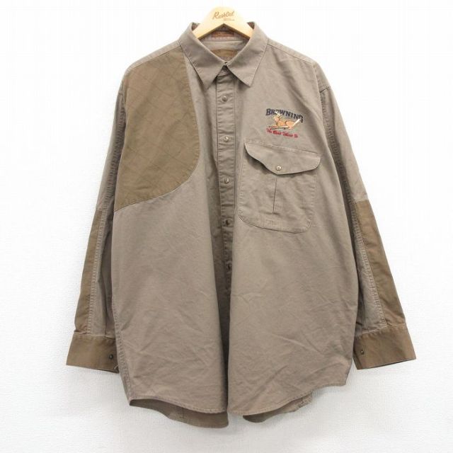 XL★古着 長袖 ハンティング シャツ メンズ BROWNING シカ 大きいサイズ ロング丈 コットン 茶他 ブラウン 【spe】 25feb07 中古 トップス