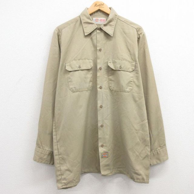 L★古着 ディッキーズ Dickies 長袖 ワーク シャツ メンズ 90年代 90s USA製 ベージュ カーキ 25feb07 中古 トップス