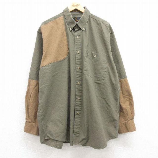 XL★古着 長袖 ハンティング シャツ メンズ 大きいサイズ ロング丈 コットン ボタンダウン 濃緑他 グリーン 【spe】 25feb25 中古 トップス